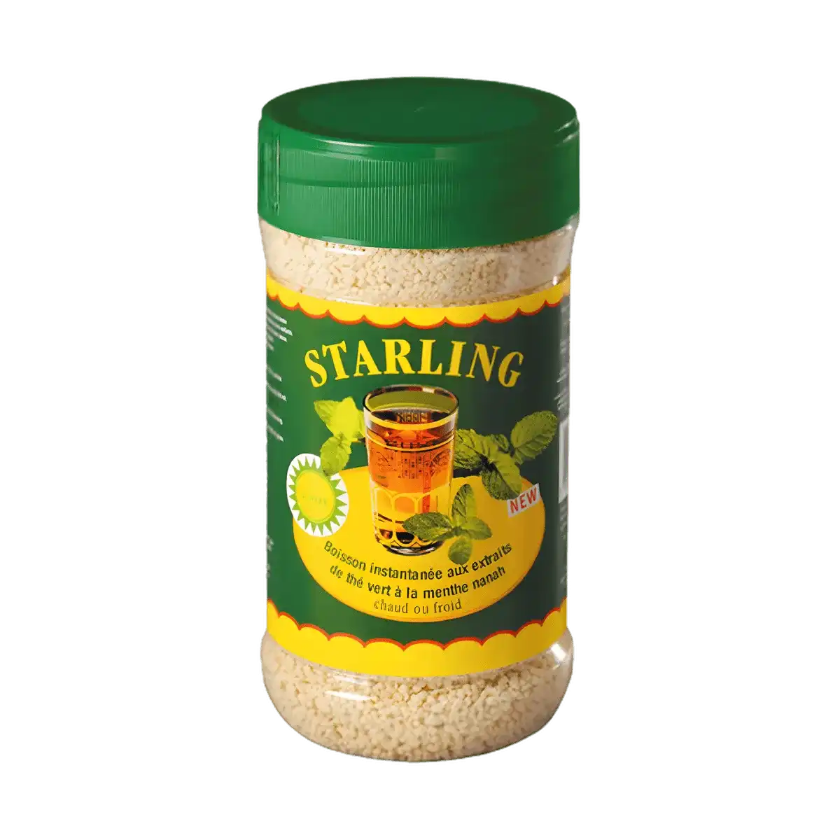 Boîte de Thé Menthe Nanah STARLING avec étiquette verte, infusion instantanée au goût authentique et frais, idéale pour boissons chaudes ou froides.